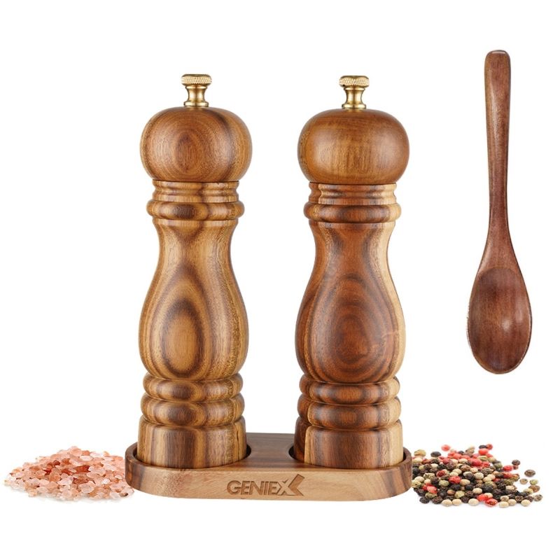 Acacia QUEEN Wooden Salt and Pepper Grinder Refillable Set with Tray